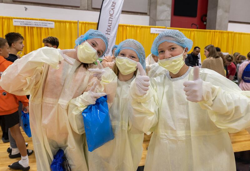 Byron Middle School 8th graders give the thumbs up after visiting the OSF Saint Katharine booth Friday, Oct. 17, 2025, at Sauk Valley Community College. Pathways Playground, a program sponsored by the Regional Office of Education, invited 1300 8th graders to the college to explore career options.
