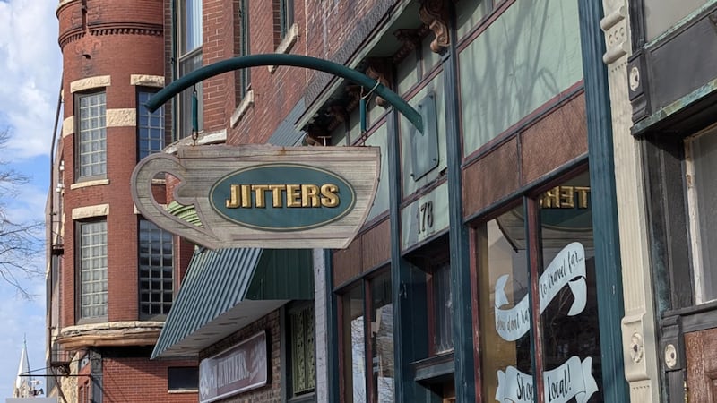 The sign for Jitters coffee venue in downtown Joliet is seen on Friday, March 28, 2025.