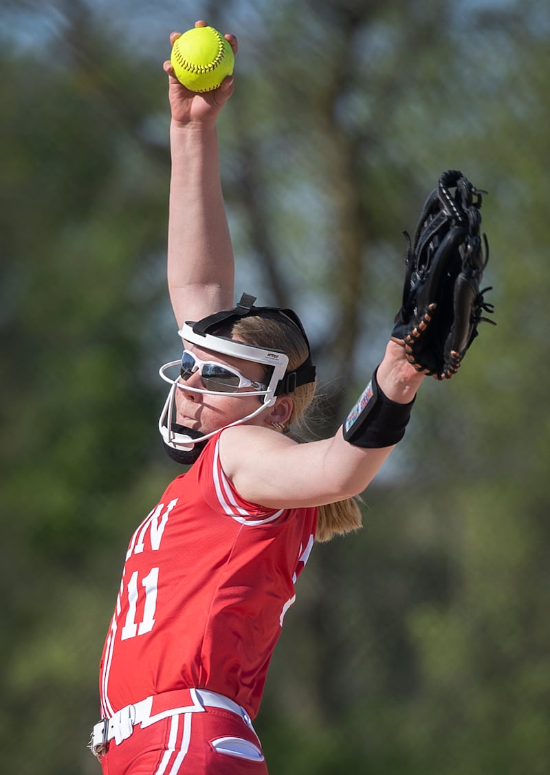 Oregon’s Izzy Berg winds up for a pitch against Rock Falls Wednesday, April 22, 2026.