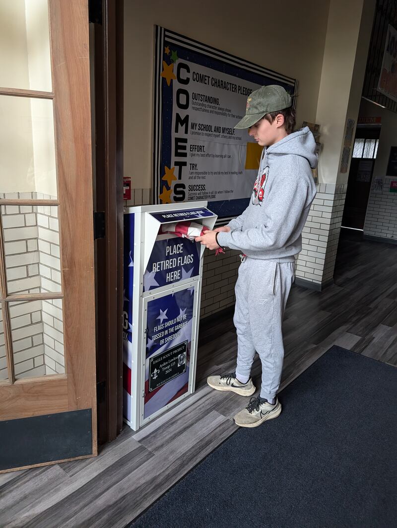 Eagle Scout Ayden Lawless completed a flag depository box at Lostant Elementary School for retired or worn American flags.
