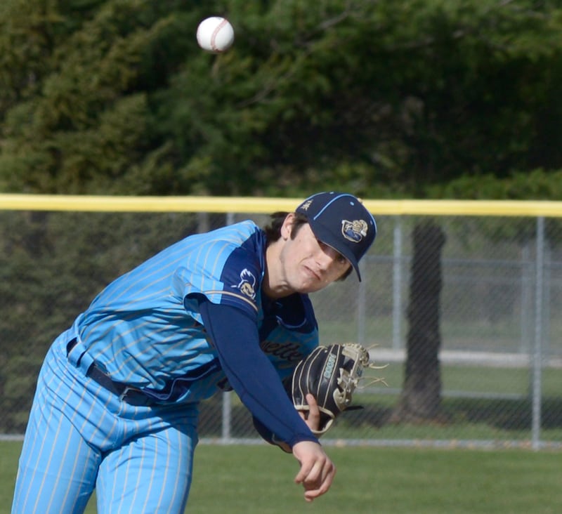 Marquette starting pitcher Alex Novotney lets go with a pitch against Roanoke Benson Tuesday at Masinelli Field.