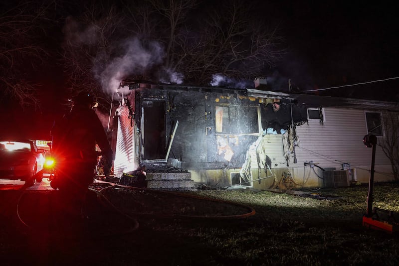 The Huntley Fire Protection District extinguishes a fire that destroyed a home on Feb. 23, 2026 at the 10600 block of Kathleen Avenue.