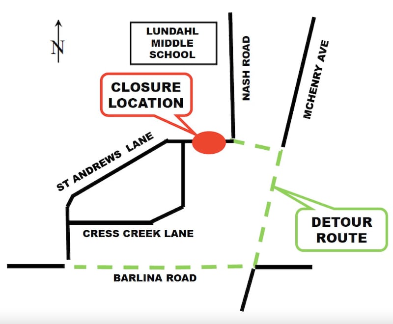 St. Andrews Lane will be closed at Nash Road from May 4 to Aug. 1, 2026, during construction for the Crystal Creek Daylighting Project in Crystal Lake.
