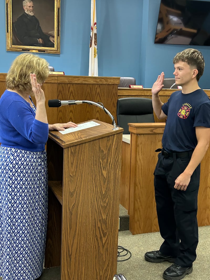 Tyler Preston was sworn in on Friday, Aug. 29, as a full-time firefighter and EMT for the La Salle Fire Department.