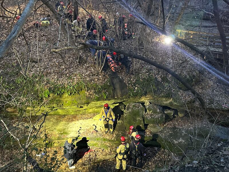 Firefighters lift a paitent out of French Canyon who fell 20-30 feet on Tuesday, April 1, 2025 at Starved Rock State Park. A Mutal Aid Box Alarm System (MABAS) prompted rope and rescuers as far as Marseilles and Princeton.