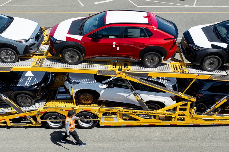 Cars rest on a carrier at the BNSF Railway vehicle storage facility at the Port of Richmond on Thursday, April 3, 2025, in Richmond, Calif. (AP Photo/Noah Berger)