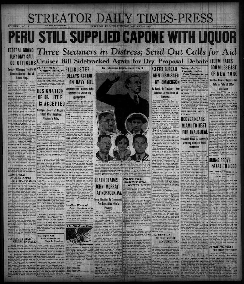 The cover of the Streator Daily Times-Press for Jan. 22, 1929