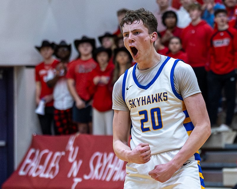 Johnsburg's Josh Kaunas (20) reacts in celebration after scoring against Aurora Christian during the Class 2A Boys Sectional Basketball tournament game on Wednesday, March 4, 2026 at Mendota High School.