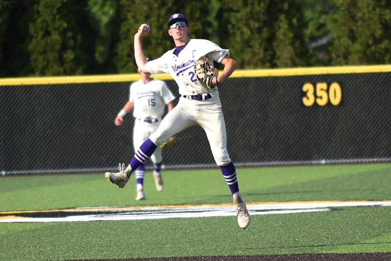 Wilmington's Ryan Kettman makes a leaping throw to first base during the Class 2A Herscher Sectional semifinal against Manteno Wednesday, June 3, 2026.