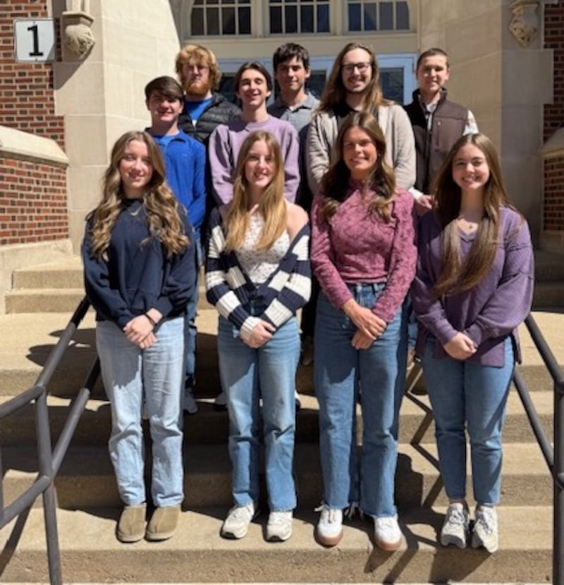 The students are (front, from left) Grace Eggers, Kamryn Patterson, Ellie Harp (Salutatorian), Ella Kinnamon, (second row) Chase Sims, Maximus Wilborn, Gavin Pinter (valedictorian), (back) Ian Morris (Valedictorian), Timothy Lewis and Micah Hult.