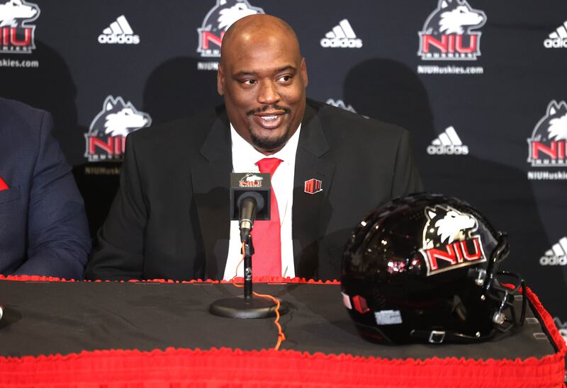 Northern Illinois University head football coach Thomas Hammock answers a question during a press conference Tuesday, Jan. 7, 2025, announcing that NIU football will be joining the Mountain West Conference starting with the 2026 season.
