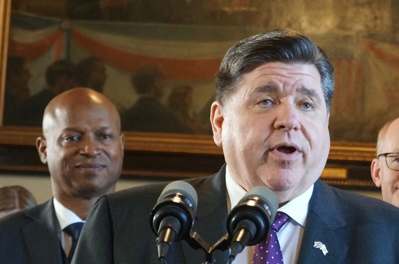 Gov. JB Pritzker speaks at a news conference at the Statehouse in Springfield on April 8, 2025