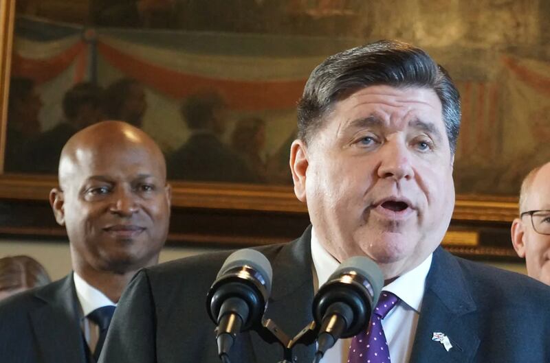 Gov. JB Pritzker speaks at a news conference at the Statehouse in Springfield on April 8, 2025