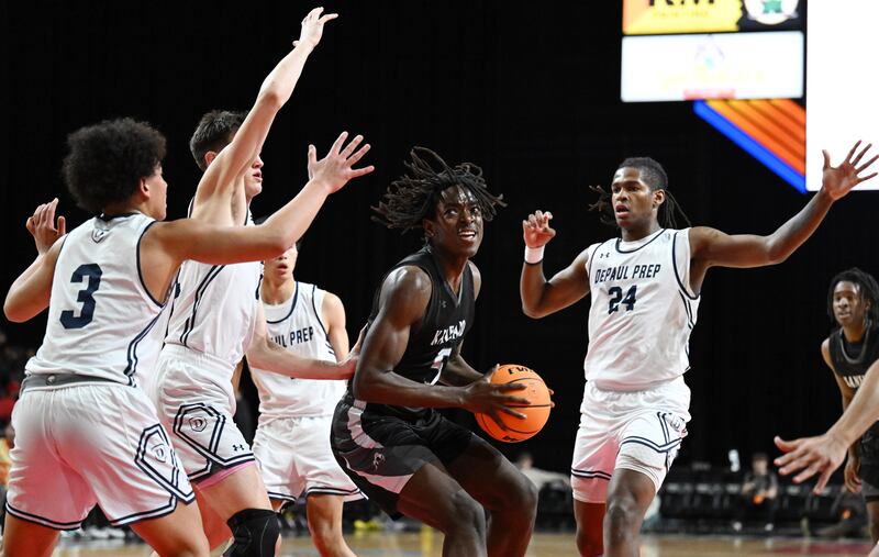 Kaneland's Freddy Hassan drives the lane against DePaul College Prep during the Class 3A boys supersectional at NOW Arena on Monday, March 10, 2025 in Hoffman Estates.