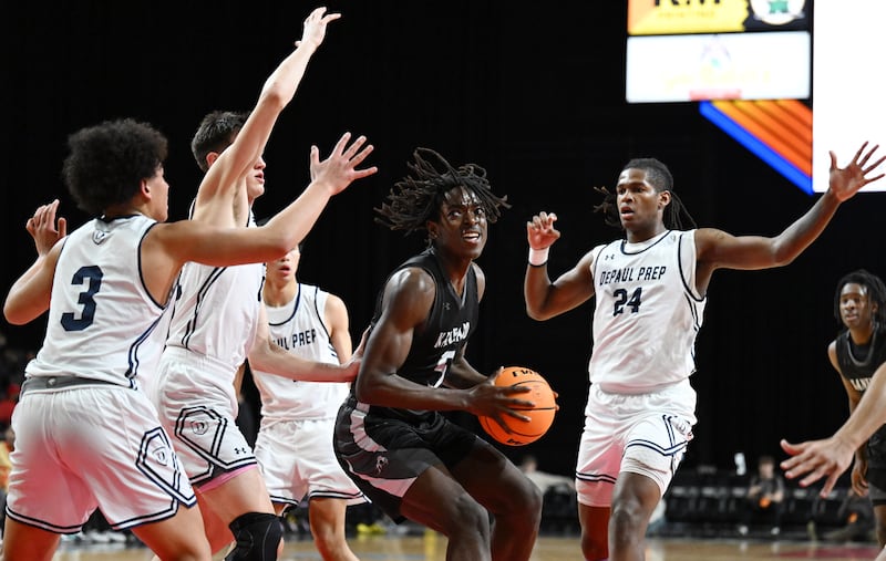 Kaneland's Freddy Hassan drives the lane against DePaul College Prep during the Class 3A boys supersectional at NOW Arena on Monday, March 10, 2025 in Hoffman Estates.