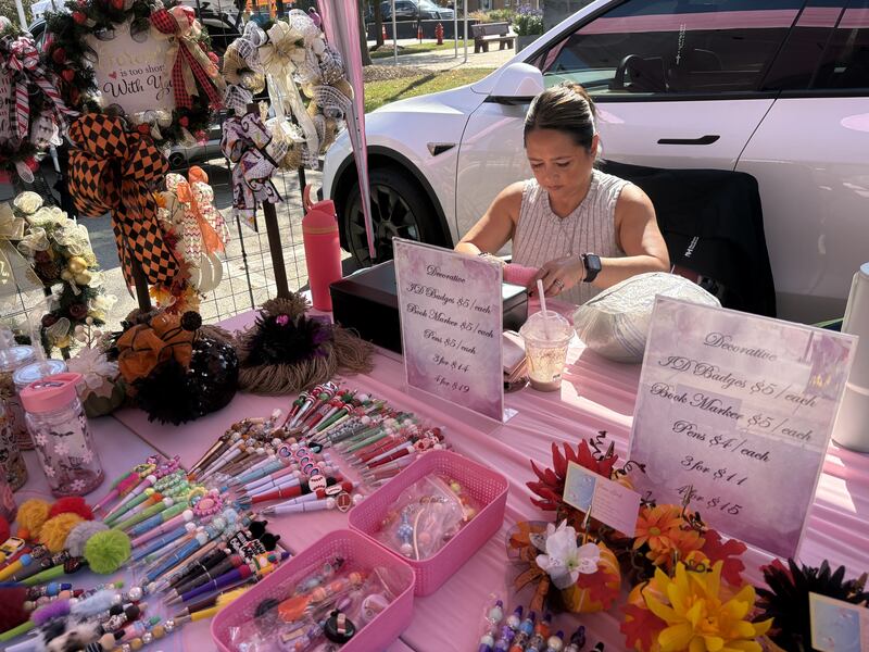 Maria Abordo crochets at the Huntley Farmers Market Oct. 4, 2025.