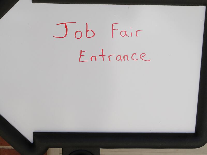 A sign directing job seekers into the board room for a job fair Wednesday,  Sept. 28, 2022, at the McHenry Community High School District Office. The District 156 is looking to fill several available positions in the school district.