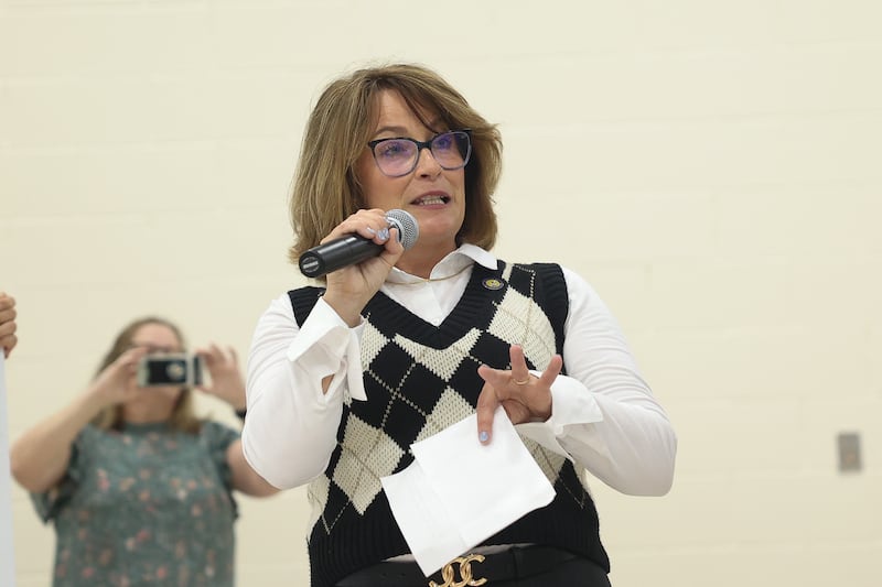 Illinois State Senator, District 49, Meg Loughran Cappel shares a few wprd during the Golden Apple Award for Excellence in Teaching ceremony for Central Elementary School teacher Alyssa Milano on Monday, April 29, 2024 in Plainfield.