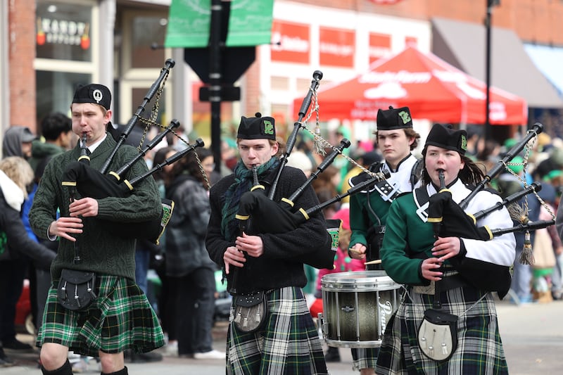 The Providence Catholic Pipes Corps performs in the Plainfield Hometown Irish Parade on Sunday, March 17, 2024 in Plainfield.