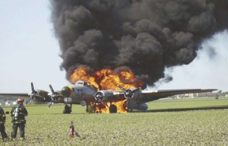 2011: A vintage restored B-17 bomber landed on an Oswego farm and was engulfed in flames.