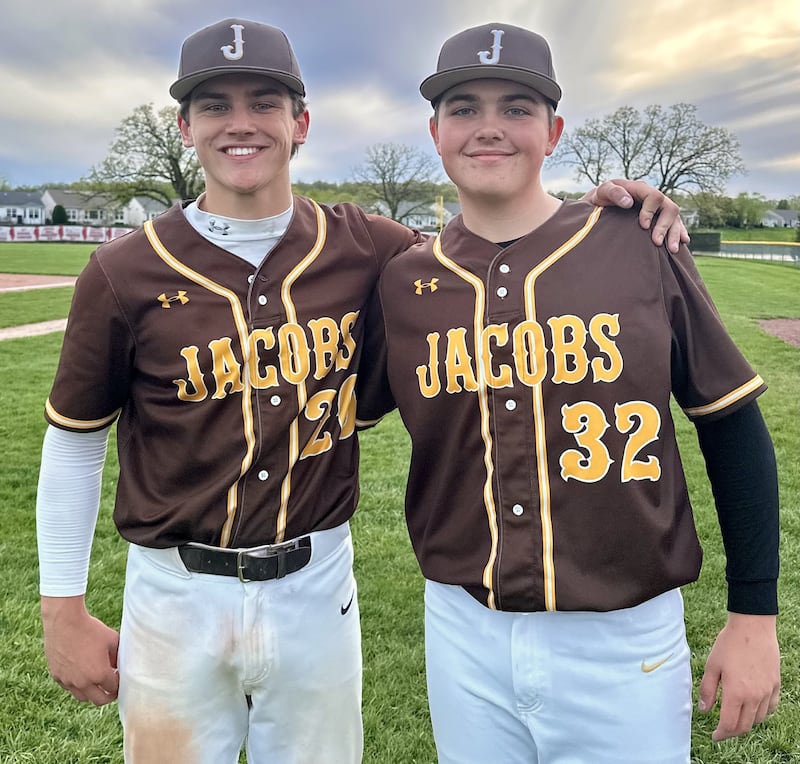 Andrew Deegan (left) hit a go-ahead RBI double in the seventh inning and George Donze (right) pitched a complete game to lead Jacobs over Huntley on Tuesday.