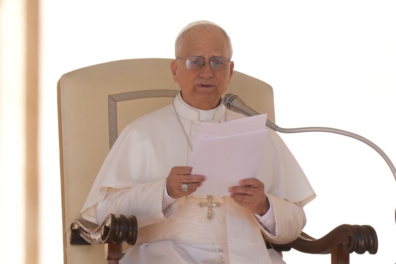 Pope Leo XIV holds his weekly general audience in St. Peter's Square, at the Vatican, Wednesday, Oct. 8, 2025. (AP Photo/Andrew Medichini)
