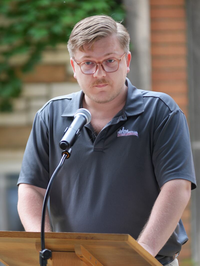 Oregon Area Chamber of Commerce Executive Director Chance Munroe speaks at the Mt Morris Senior & Community Center's Flag Day Ceremony on Friday, June 13, 2025.