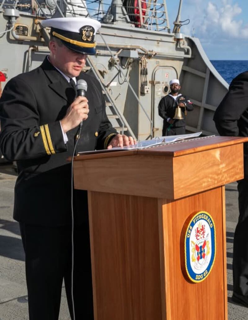 Lt. Logan Murphy, formerly associate pastor at the Evangelical Free Church of Mt. Morris, addresses the crew aboard the USS Fitzgerald, where he is the command chaplain.