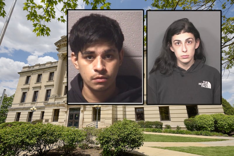 Maximino Mendoza (left), 26, of DeKalb and Destiny N. Conner, 24, of DeKalb, are charged in connection to cellphone videos which depict Mendoza intentionally hurting a 1-year-old baby between October 2024 and December 2024, police said. Mendoza is charged with first-degree attempted murder. Conner is charged with reckless conduct and child endangerment, records show. (Inset photos provided by DeKalb Police Department and DeKalb County Jail)