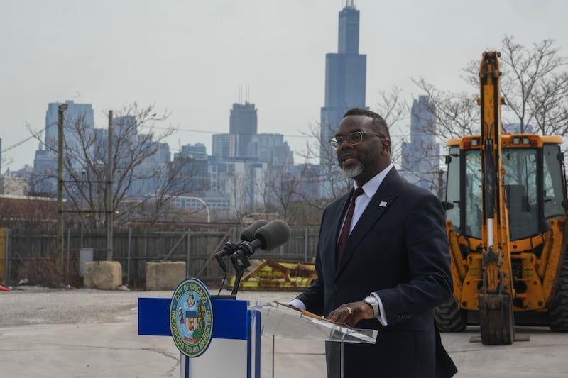 Chicago Mayor Brandon Johnson speaks during a press conference announcing the top-voted name in the city's 2026 "You Name a Snowplow" contest, "Abolish ICE," Wednesday, March 25, 2026, in Chicago. (AP Photo/Erin Hooley)