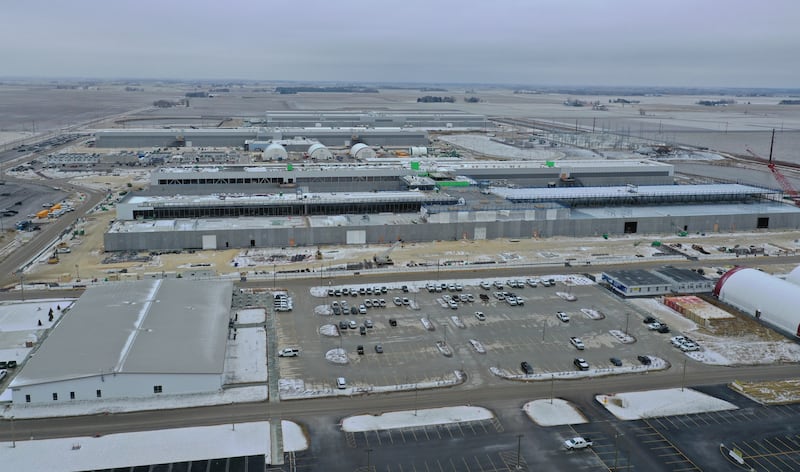 An aerial view of the Facebook’s DeKalb Data Center site shows the progress of the 500 acre project on Saturday, Dec. 17, 2022 in DeKalb. Facebook’s parent company, Meta, announced earlier this year that the DeKalb Data Center expanded into three buildings, bringing with it a community investment that now totals more than $1 billion. (Scott Anderson)