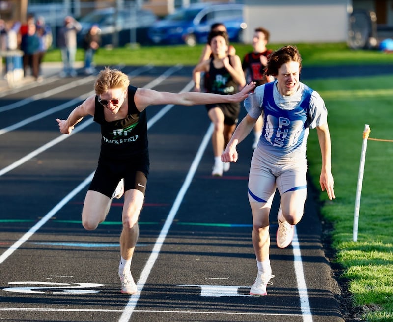 Princeton's Tyler VandeVenter edges Rock Falls' Jeffrey Sommer in the 800 meters in Monday's Ferris Invite at Princeton.
