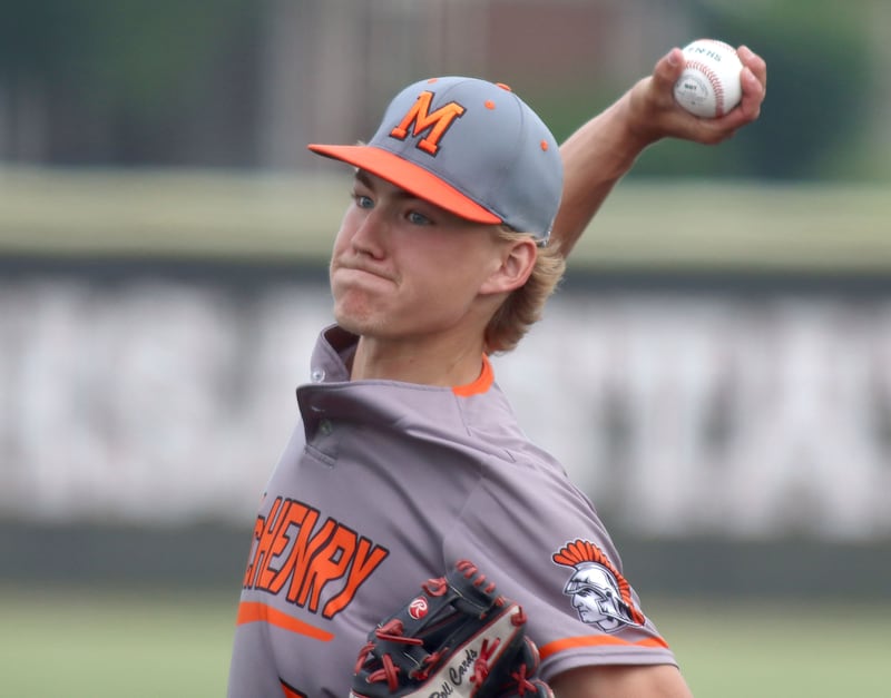 McHenry’s Brandon Shannon deals against Barrington in IHSA Class 4A Sectional Title Game baseball action at McHenry High School in McHenry on Saturday, June 7, 2025.