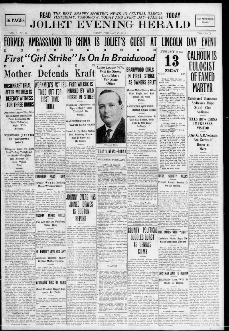 The cover of the Joliet Evening Herald for Feb. 13, 1914