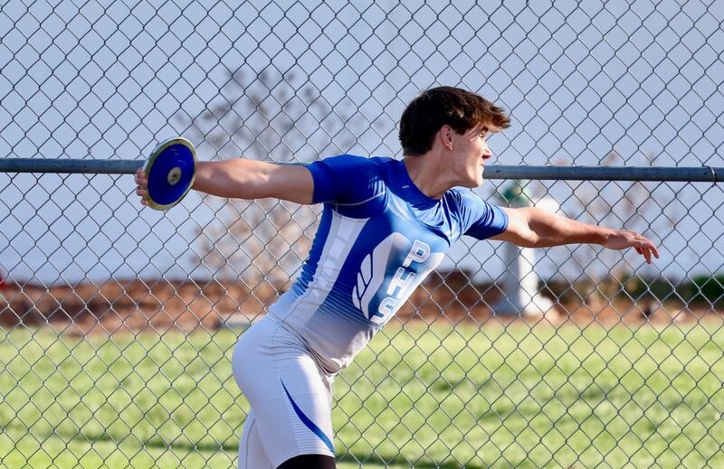 Princeton freshman Landen Hoffman spins the discus in Tuesday's Howard-Monier Invite at Princeton.
