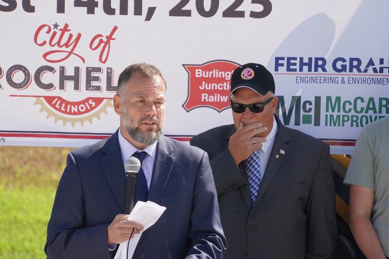 Rochelle City Manager Jeff Fiegenschuh speaks at the City of Rochelle's groundbreaking for the expansion of its Rochelle Intermodal Transload Center at 1851 S. Steward Road on Aug. 14.