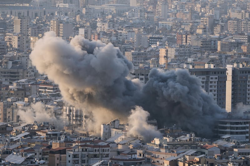 Smoke rises from an Israeli airstrike in Dahiyeh, Beirut's southern suburbs, Lebanon, Tuesday, March 10, 2026. (AP Photo/Bilal Hussein)