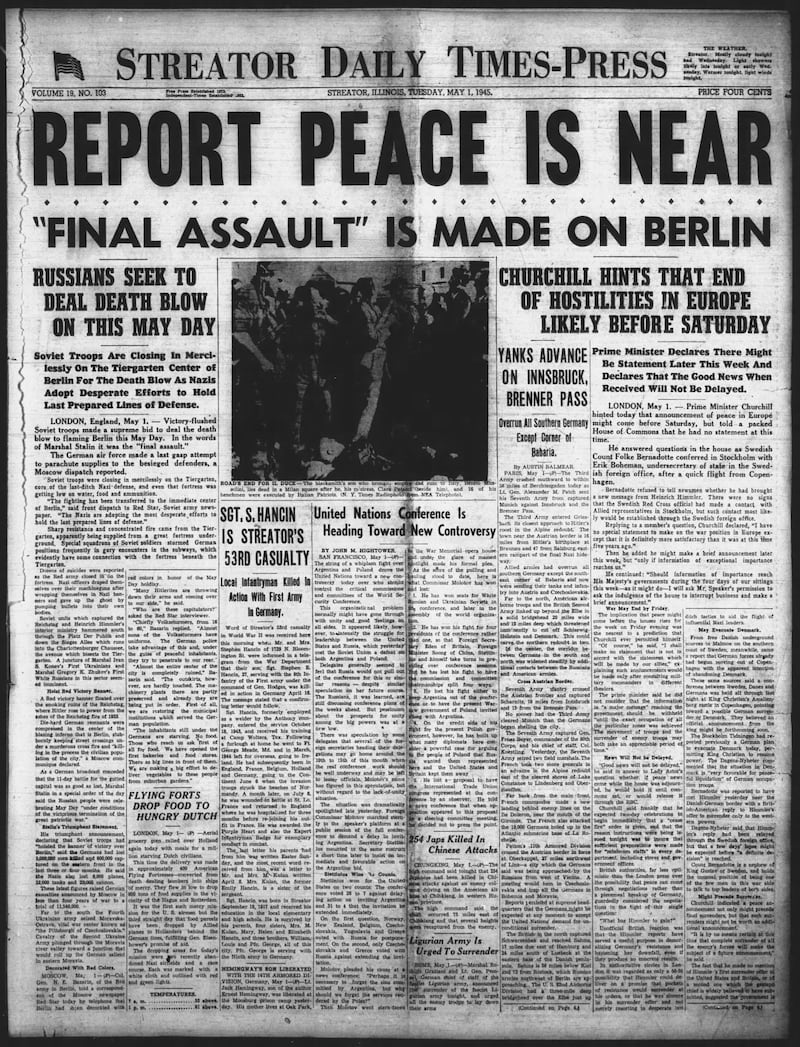 The cover of the Streator Daily Times-Press for May 1, 1945