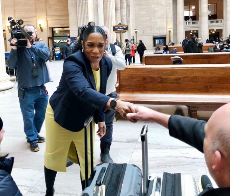 Lt. Gov. Juliana Stratton greeted voters Wednesday, March 18, 2026, at Union Station in Chicago, hours after winning the Democratic nomination in the U.S. Senate race.