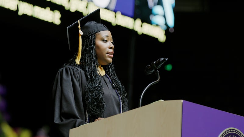 Starr Shamp gives her commencement address June 7, 2025, during her graduation ceremony at Bellevue University in Bellevue, Nebraska.