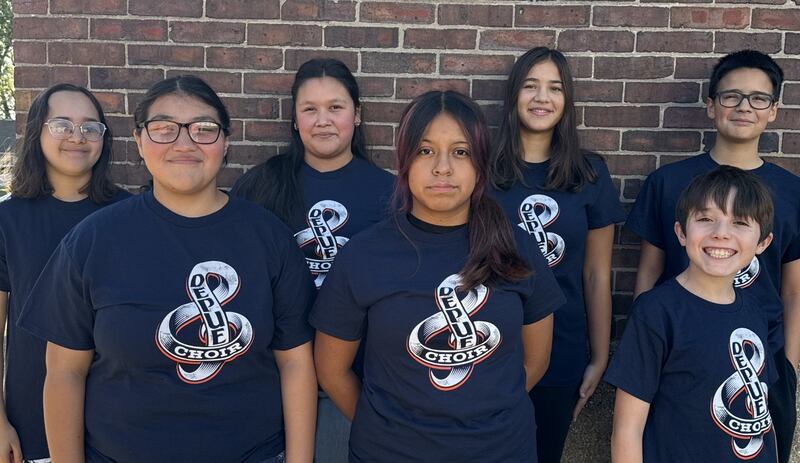 Seven members of the DePue choir attended the ILMEA District 2 Festival at Augustana College in Rock Island on Saturday. They are (front row, left to right) Estrella Avila (soprano, 8th grade), Genesis Torres (soprano, 8th grade), and Colten Rivers (alto, 6th grade), and (back row) Xitlali Colon (alto, 8th grade), Cynthia Patino (soprano, 7th grade), Anessa Lawrence (soprano, 7th grade) and AJ Sarabia (alto, 7th grade).