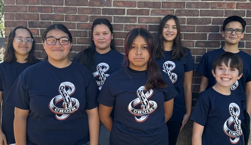 Seven members of the DePue choir attended the ILMEA District 2 Festival at Augustana College in Rock Island on Saturday. They are (front row, left to right) Estrella Avila (soprano, 8th grade), Genesis Torres (soprano, 8th grade), and Colten Rivers (alto, 6th grade), and (back row) Xitlali Colon (alto, 8th grade), Cynthia Patino (soprano, 7th grade), Anessa Lawrence (soprano, 7th grade) and AJ Sarabia (alto, 7th grade).