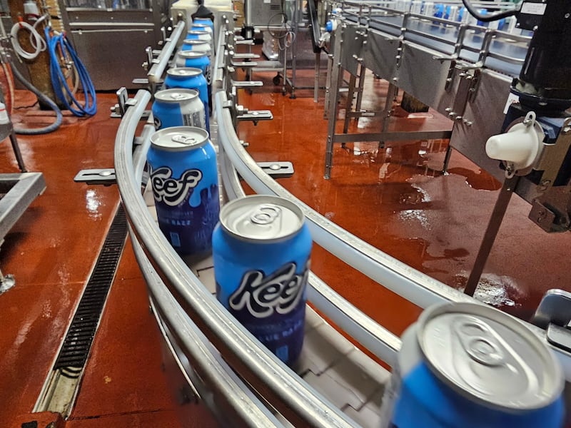 Cans of seltzer containing THC, the active ingredient in marijuana, speed down the canning line at Indeed Brewing in Minneapolis on Thursday, Nov. 20, 2025. (AP Photo/Steve Karnowski)