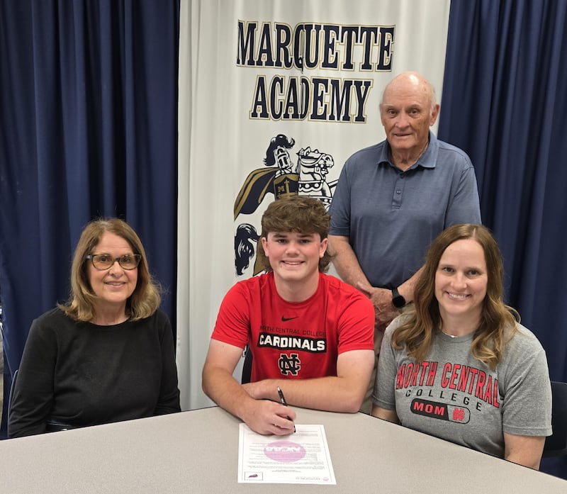Recent Marquette Academy graduate Ashton Grady has committed to continue his academic career at North Central College in Naperville and his golf career at the NCAA Division III level with the Cardinals. Pictured here is Grady bookended by grandmother Jan Grady and mother Jodi Grady. Standing behind is grandfather Tom Grady.