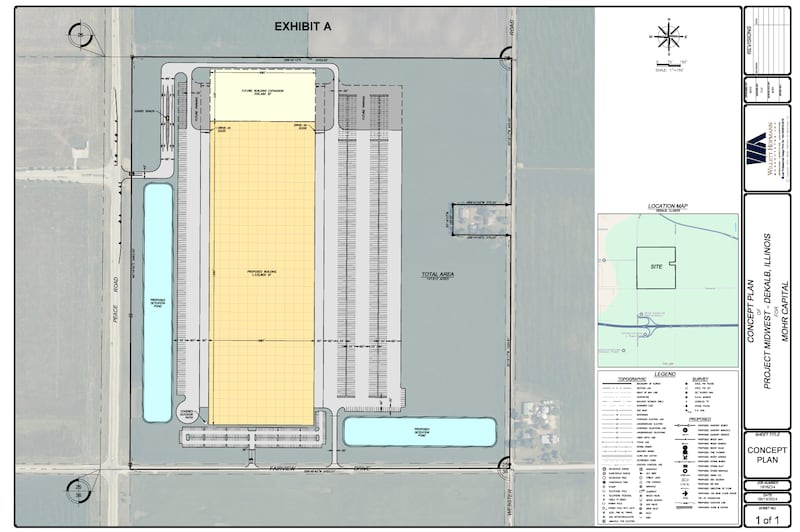 A manufacturer has proposed building a new 1.3 million-square-foot warehouse facility on 147 acres of land owned by 3M on DeKalb’s south side, city documents show.
A manufacturer has proposed building a new 1.3 million-square-foot warehouse facility on 147 acres of land owned by 3M on DeKalb’s south side, city documents show. The development, referred to as “Project Midwest” in documents released ahead of Monday’s DeKalb Planning and Zoning Commission meeting, would be built on the northeast corner of Peace Road and Fairview Drive, DeKalb.