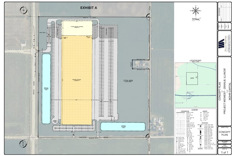 A manufacturer has proposed building a new 1.3 million-square-foot warehouse facility on 147 acres of land owned by 3M on DeKalb’s south side, city documents show.
A manufacturer has proposed building a new 1.3 million-square-foot warehouse facility on 147 acres of land owned by 3M on DeKalb’s south side, city documents show. The development, referred to as “Project Midwest” in documents released ahead of Monday’s DeKalb Planning and Zoning Commission meeting, would be built on the northeast corner of Peace Road and Fairview Drive, DeKalb.