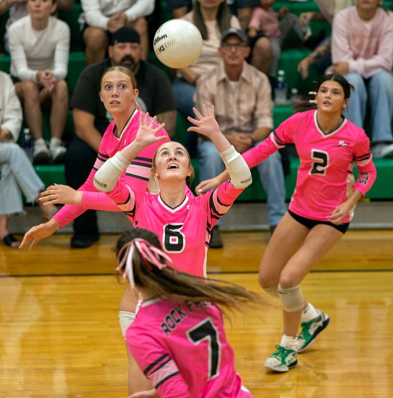 Rock Falls' Miley Bickett sets the ball against North Boone Tuesday, Oct. 14, 2025.