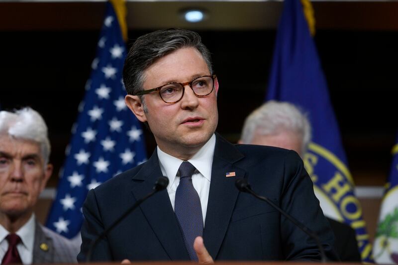 Speaker of the House Mike Johnson, R-La., speaks during a news conference at the Capitol, Tuesday, May 6, 2025, in Washington. (AP Photo/Rod Lamkey, Jr.)