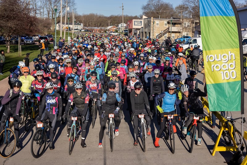 Cyclists waiting to begin the Rough Road 100 in Morris on April 6, 2024.