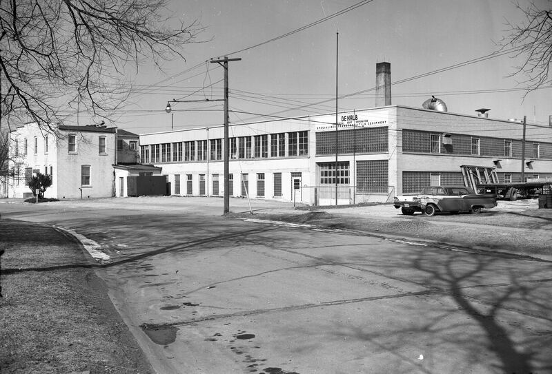 Commercial Body Corporation, a DeKalb company manufacturing commercial trucks and transportation equipment, looking northwest from West Garden Street, circa 1969.